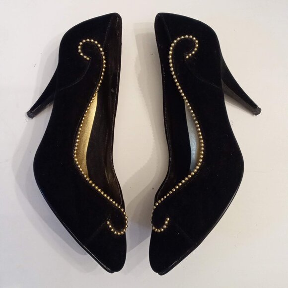 It's Happening Black Velvet Stilettos size 8.5 Gold Beaded Trim High Heels Shoes - Picture 1 of 7